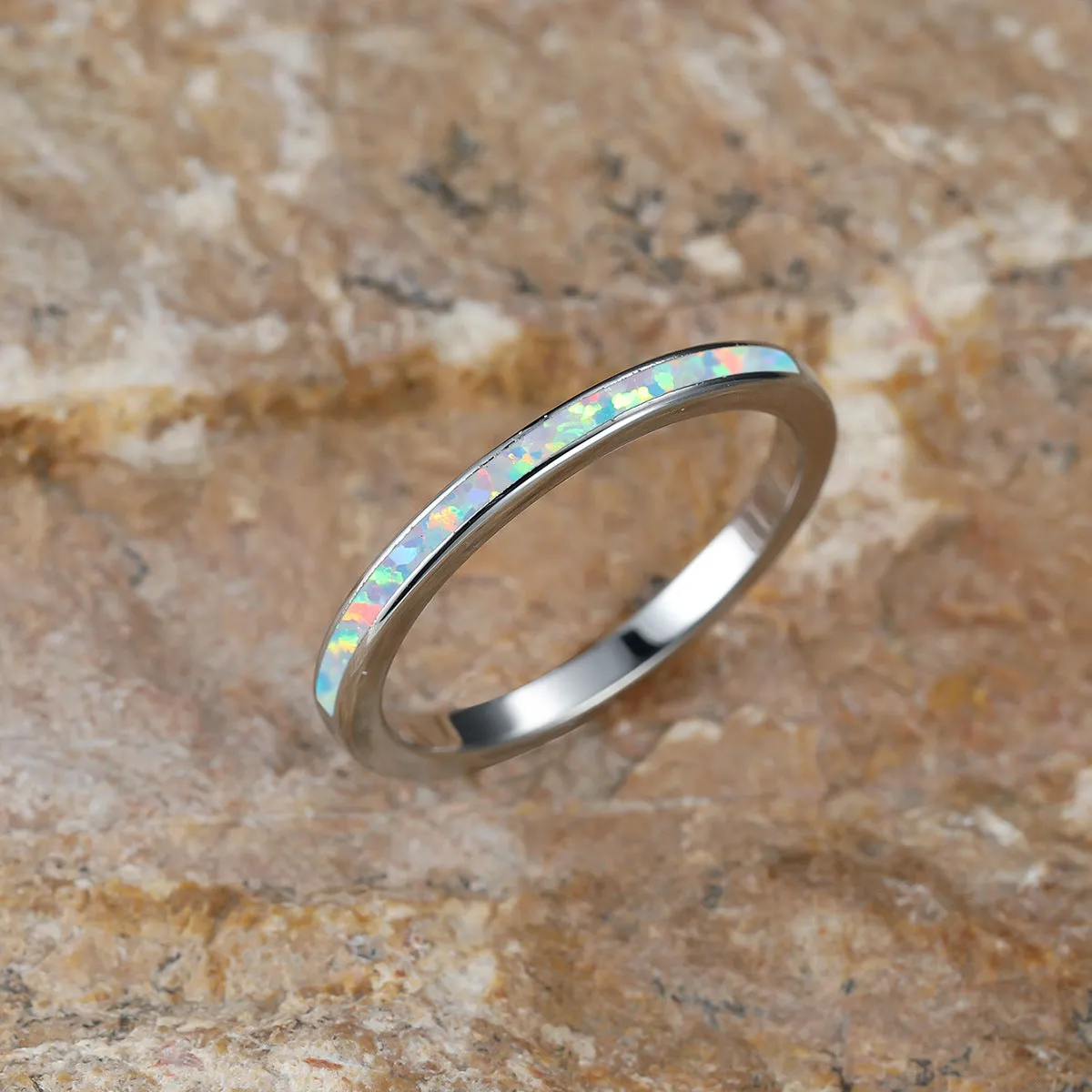 Copper ring with round blue opal stone, geometric simple design