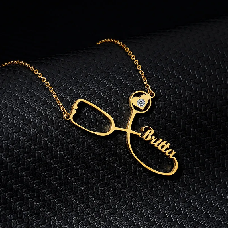 Customised titanium steel stethoscope name necklace for women in gold finish with blade chain