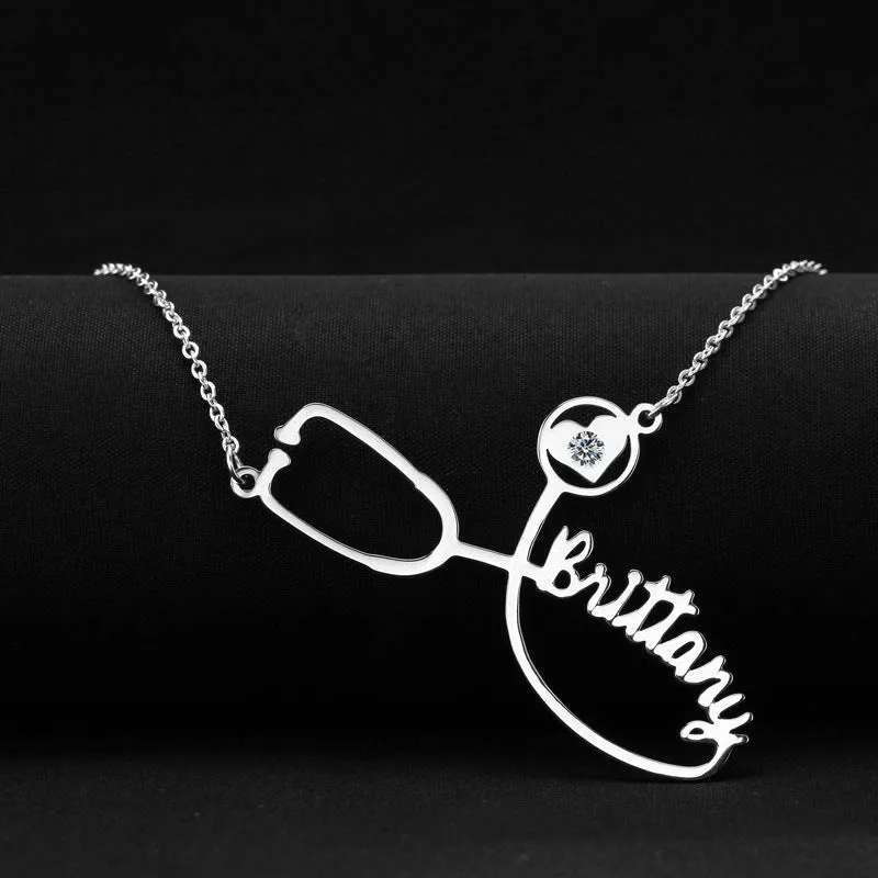 Customised titanium steel stethoscope name necklace for women in gold finish with blade chain