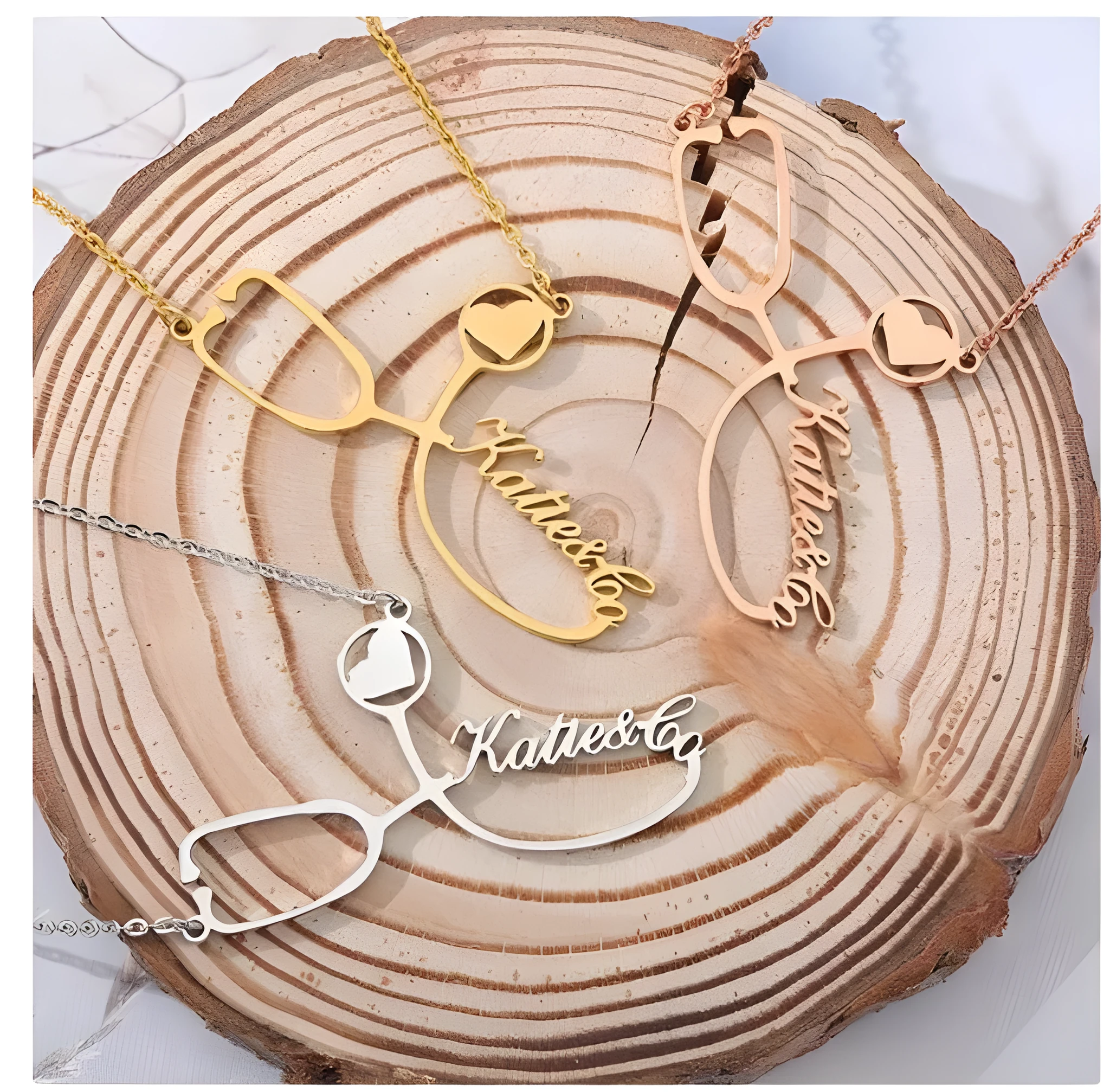 Customised titanium steel stethoscope name necklace for women in gold finish with blade chain