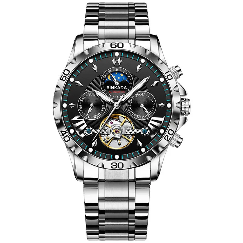 Full-automatic waterproof luminous mechanical watch for men with steel bracelet in black, 13mm thickness