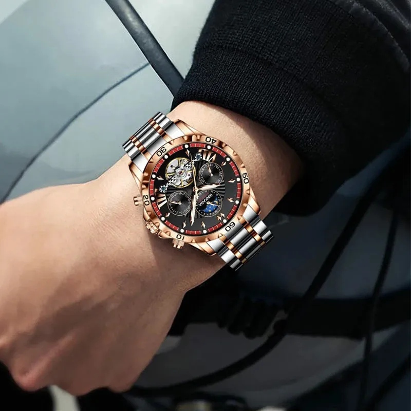 Full-automatic waterproof luminous mechanical watch for men with steel bracelet in black, 13mm thickness