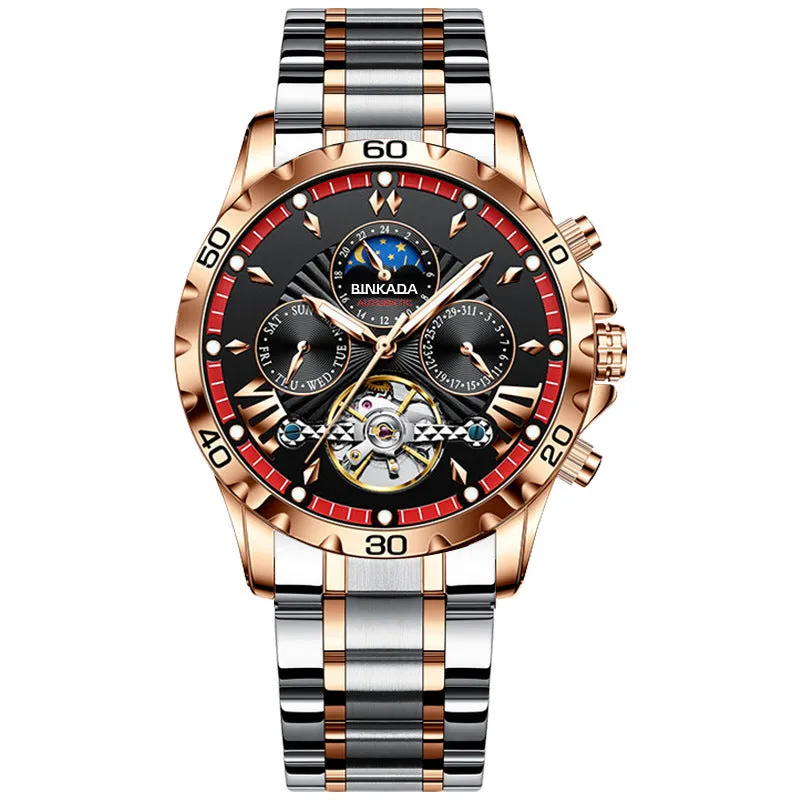 Full-automatic waterproof luminous mechanical watch for men with steel bracelet in black, 13mm thickness