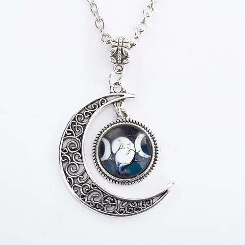 Triple moon goddess pendant necklace on 50cm chain with glass and alloy construction