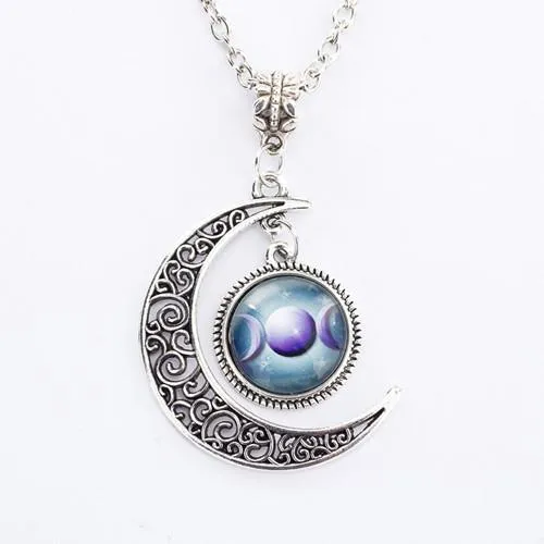 Triple moon goddess pendant necklace on 50cm chain with glass and alloy construction