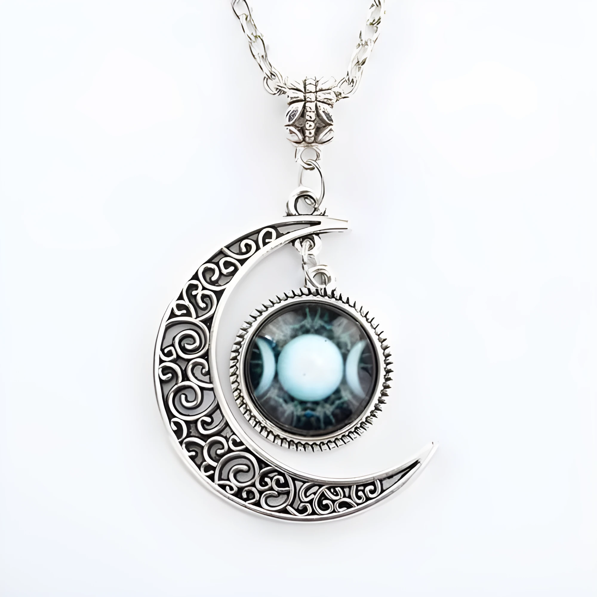 Triple moon goddess pendant necklace on 50cm chain with glass and alloy construction