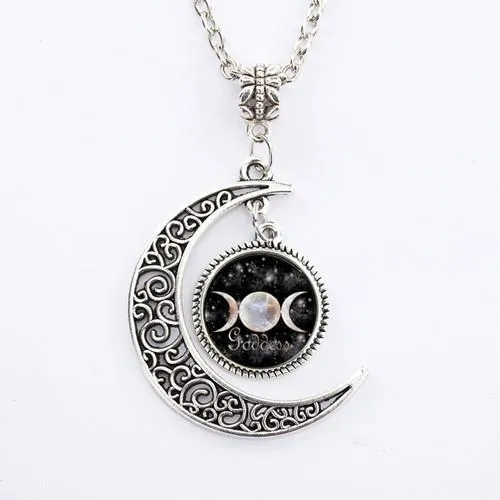 Triple moon goddess pendant necklace on 50cm chain with glass and alloy construction