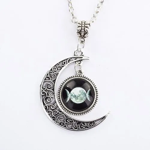 Triple moon goddess pendant necklace on 50cm chain with glass and alloy construction