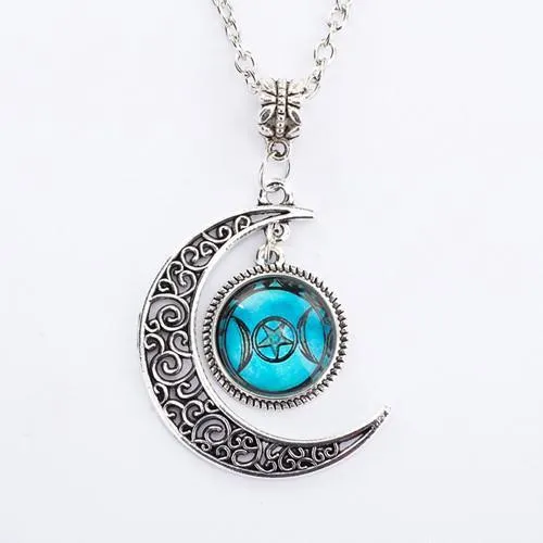 Triple moon goddess pendant necklace on 50cm chain with glass and alloy construction