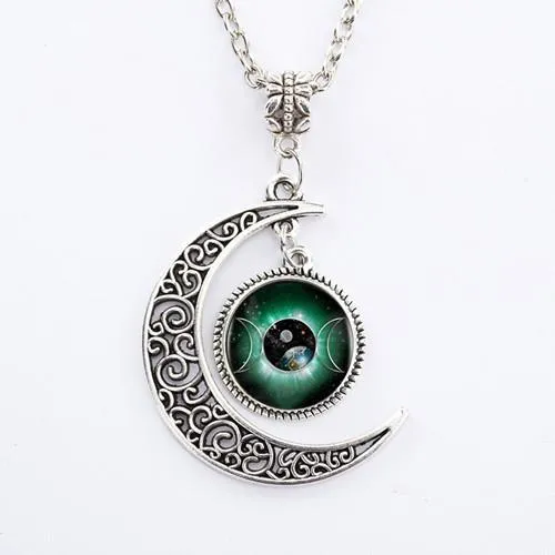 Triple moon goddess pendant necklace on 50cm chain with glass and alloy construction