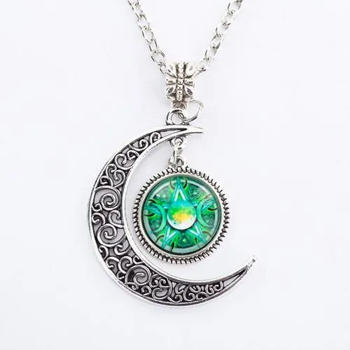 Triple moon goddess pendant necklace on 50cm chain with glass and alloy construction