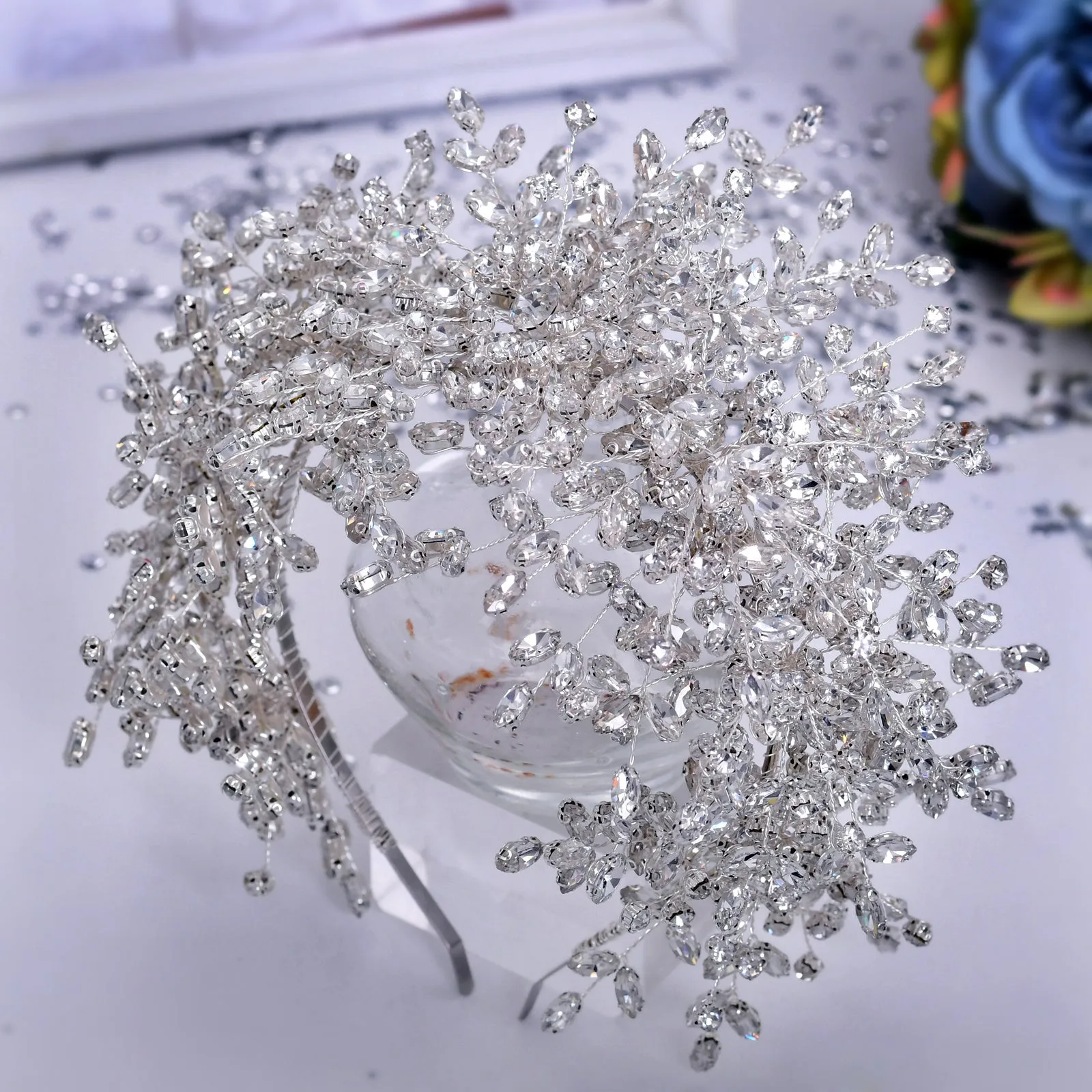 Heavy handmade rhinestone ice and snow queen wedding crown tiara in silver with crystal beaded detailing