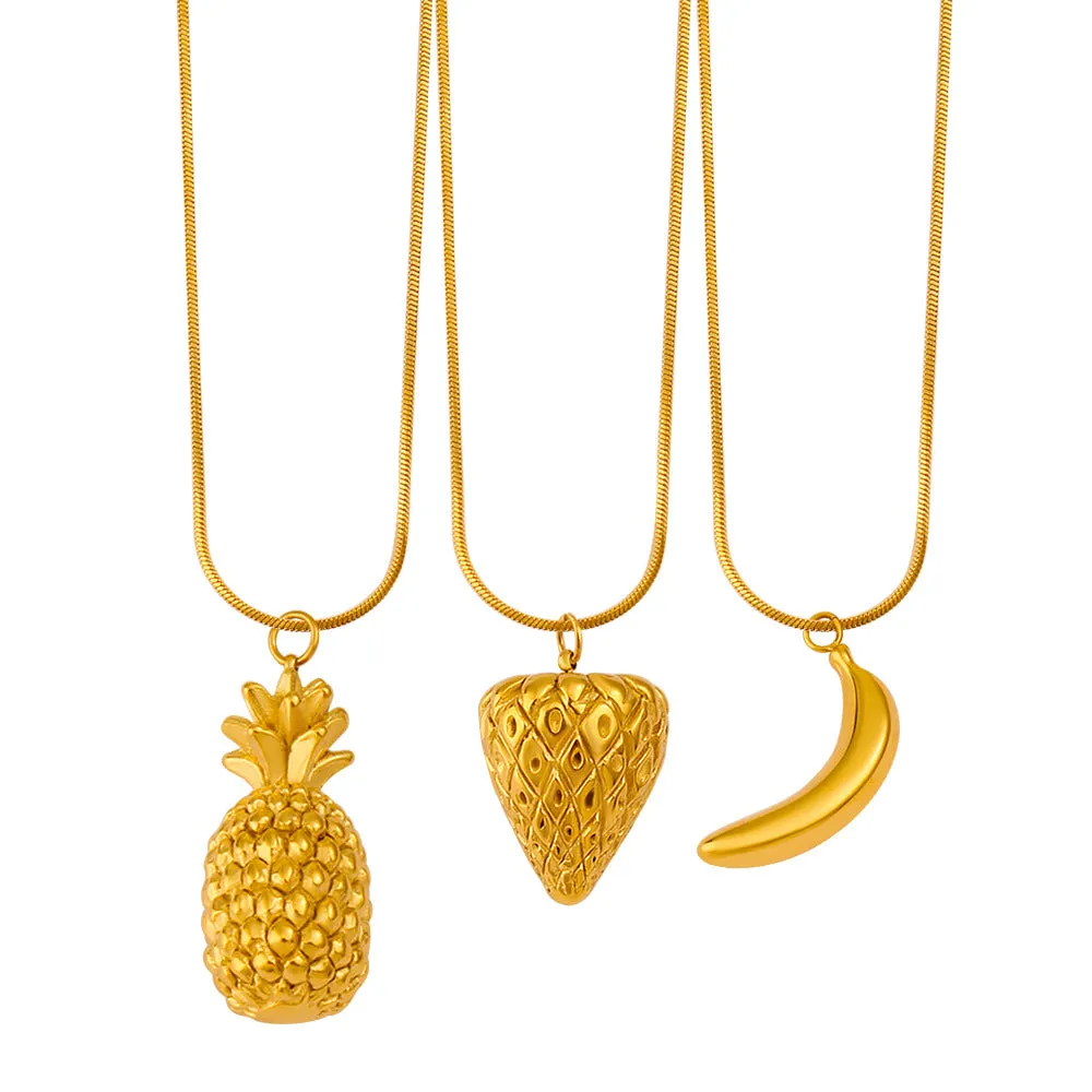 Stainless steel necklace with a choice of apple, grape, watermelon, banana, pineapple or strawberry fruit pendant.