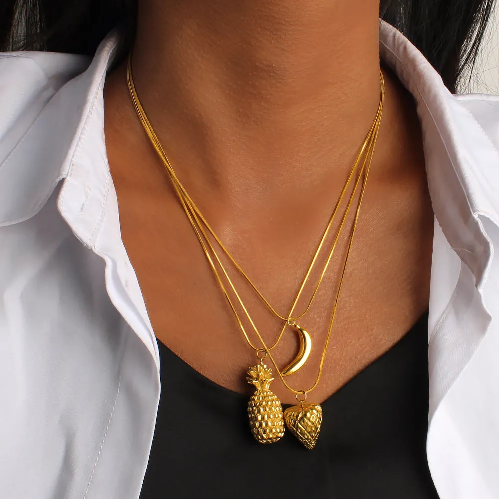 Stainless steel necklace with a choice of apple, grape, watermelon, banana, pineapple or strawberry fruit pendant.