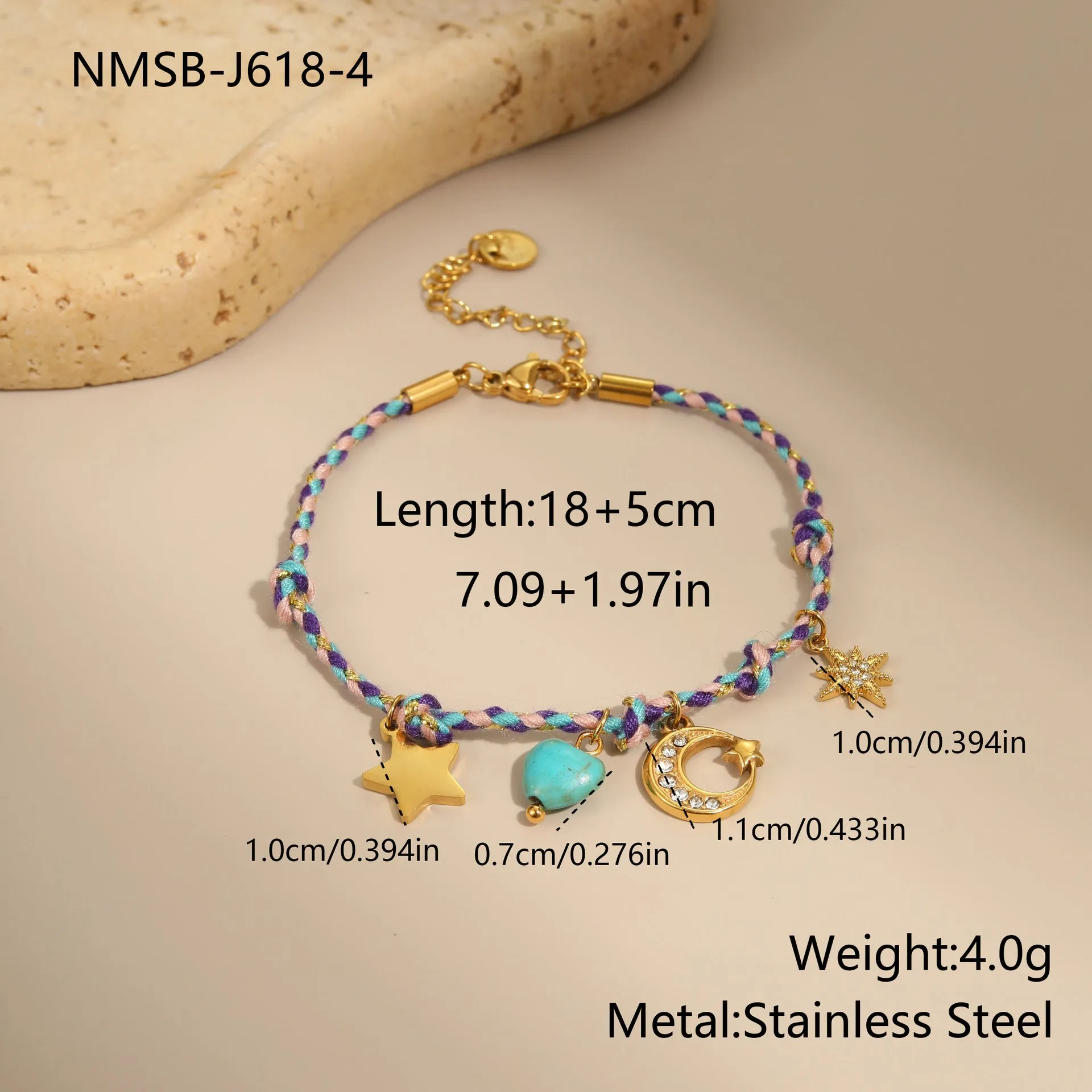 Handmade stainless steel necklace with coloured braided rope detail and geometric pendant