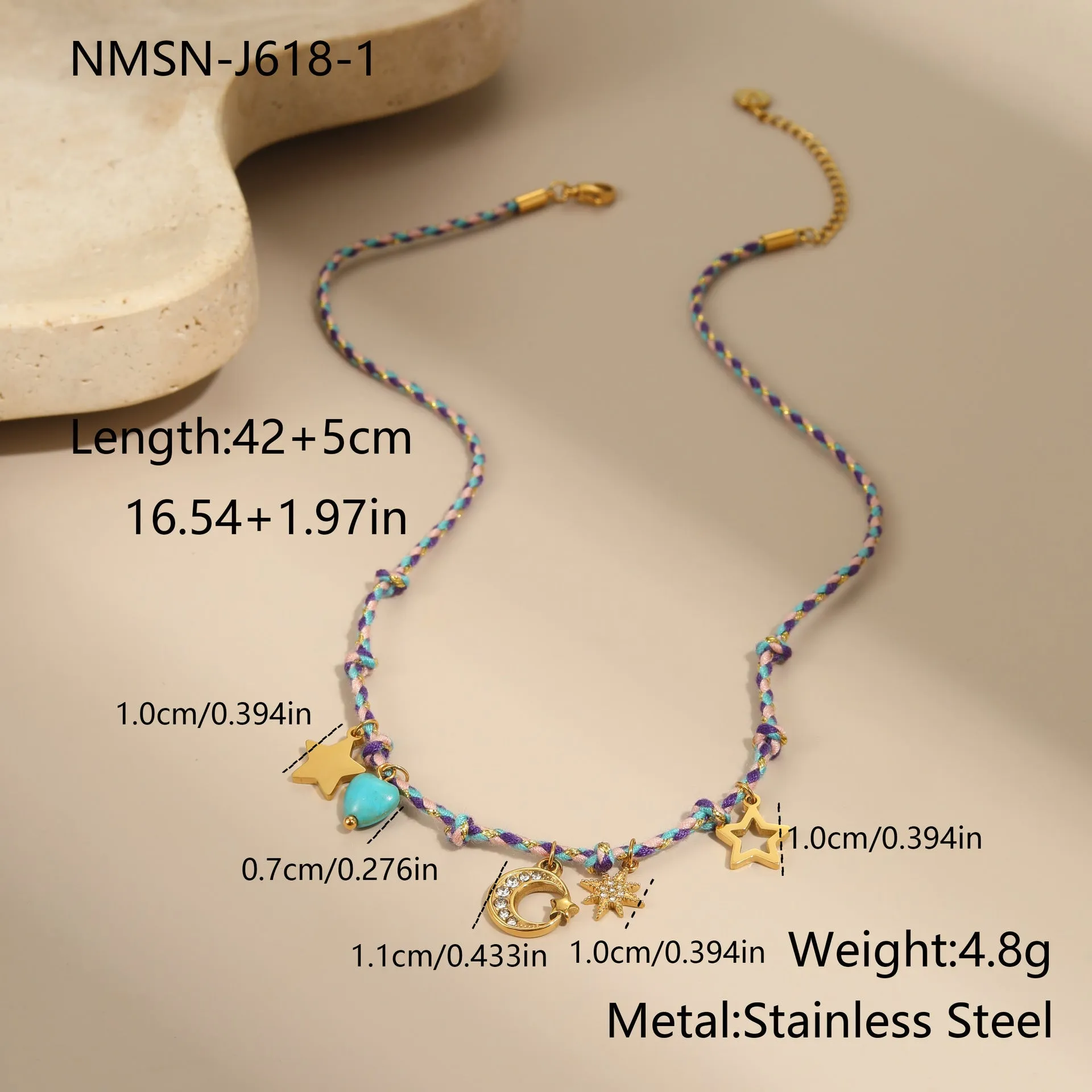 Handmade stainless steel necklace with coloured braided rope detail and geometric pendant