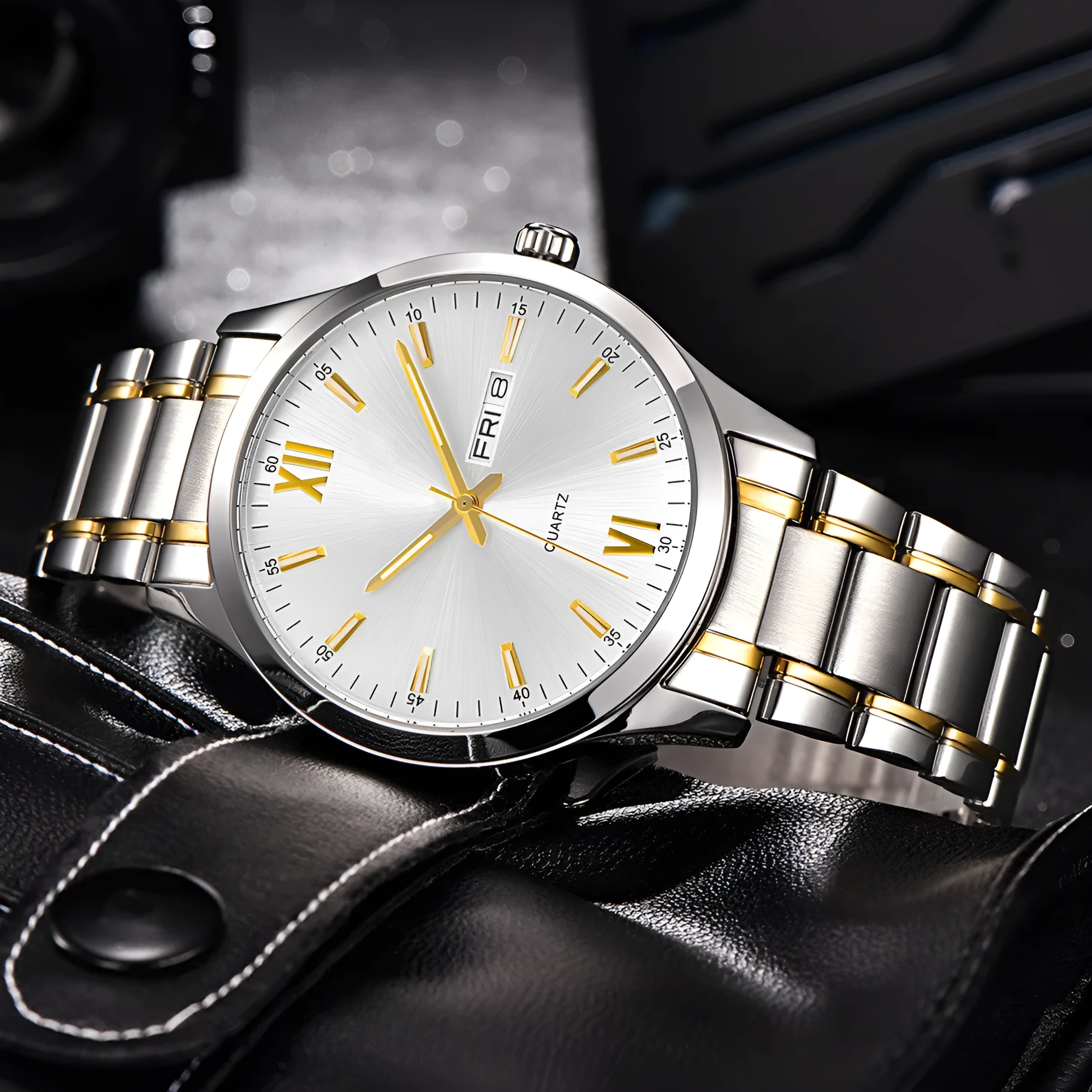 Fashion business quartz watch with 40mm dial, mineral glass mirror, and stainless steel butterfly buckle, black colour option