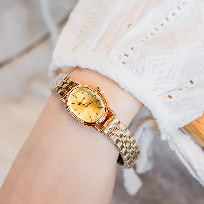 Oval mid-ancient steel watch for women with gold surface and red noodles, 7mm thin antique style dial