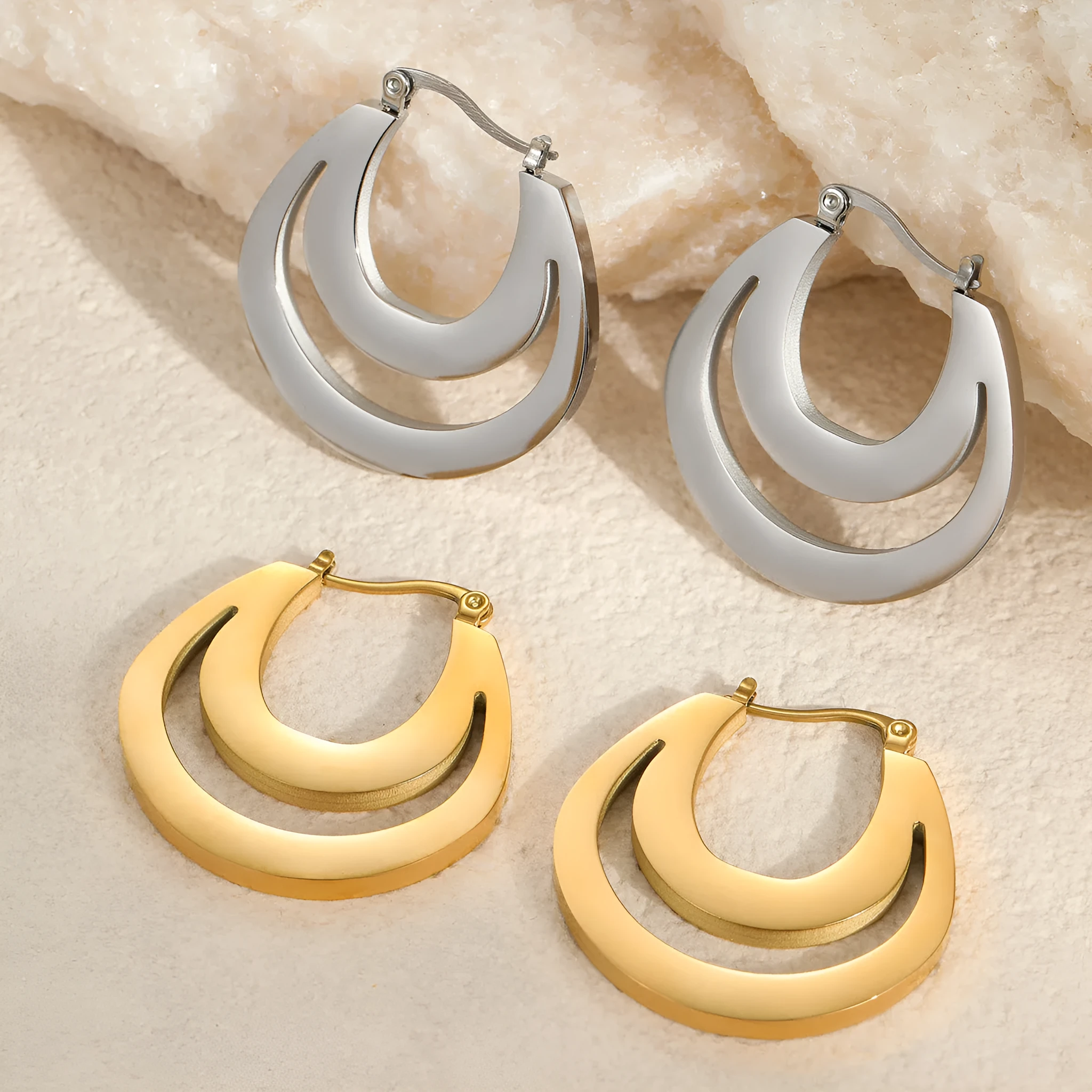 Geometric French earrings with round ring design in gold or steel metallic finish
