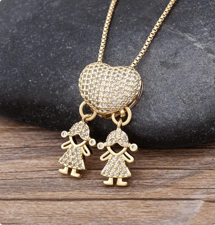 Gold colour heart-shaped cubic zirconia family pendant necklace on copper chain with style options for boys and girls