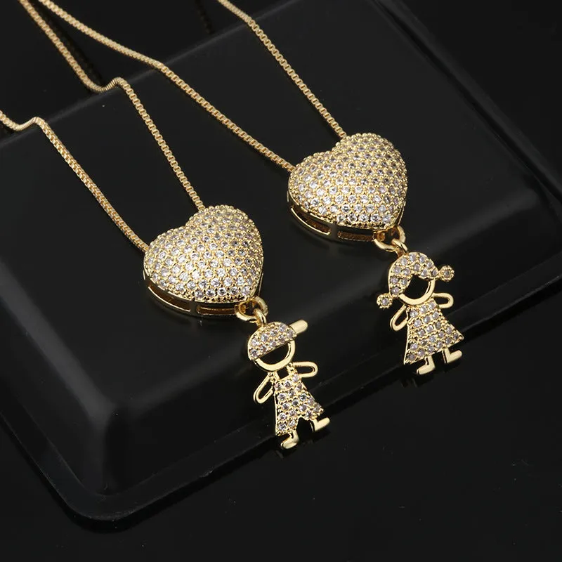 Gold colour heart-shaped cubic zirconia family pendant necklace on copper chain with style options for boys and girls