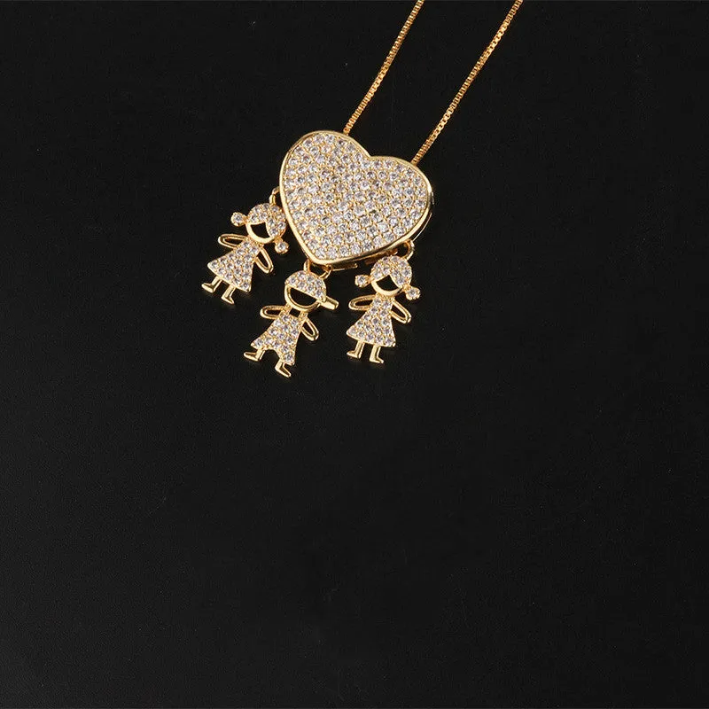 Gold colour heart-shaped cubic zirconia family pendant necklace on copper chain with style options for boys and girls