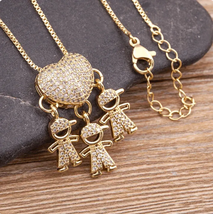 Gold colour heart-shaped cubic zirconia family pendant necklace on copper chain with style options for boys and girls