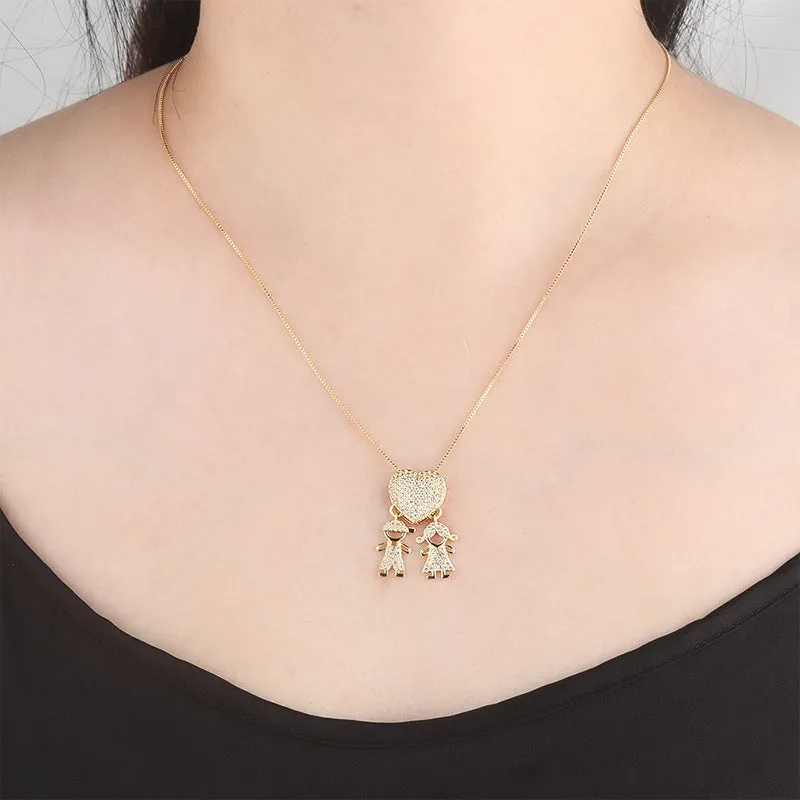 Gold colour heart-shaped cubic zirconia family pendant necklace on copper chain with style options for boys and girls