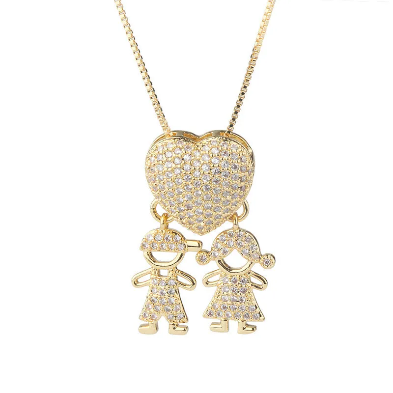Gold colour heart-shaped cubic zirconia family pendant necklace on copper chain with style options for boys and girls
