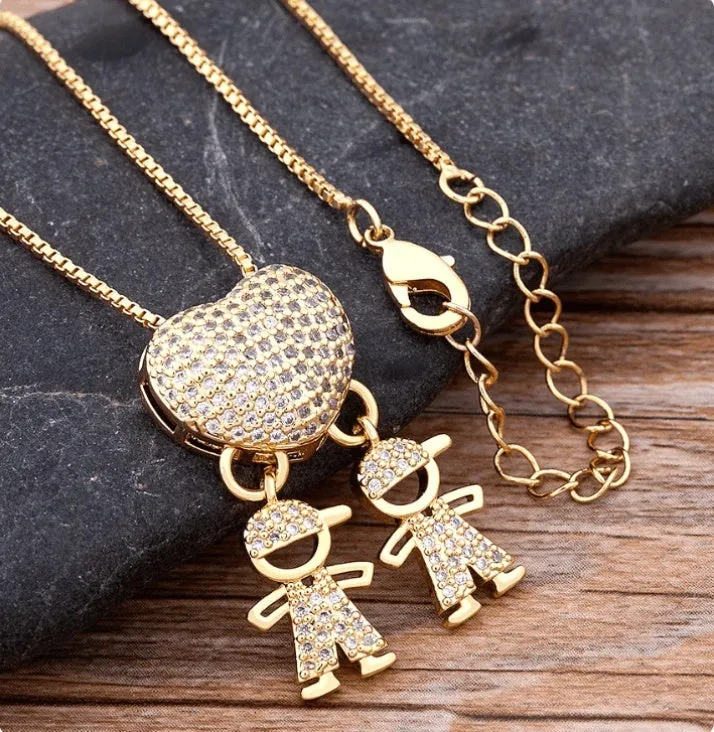 Gold colour heart-shaped cubic zirconia family pendant necklace on copper chain with style options for boys and girls