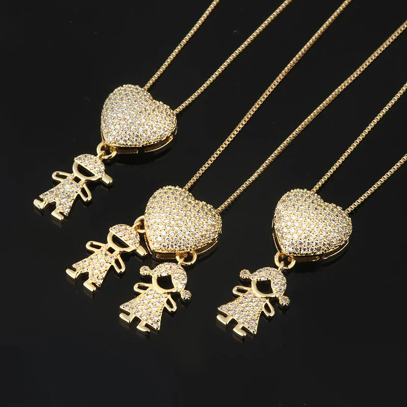 Gold colour heart-shaped cubic zirconia family pendant necklace on copper chain with style options for boys and girls