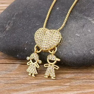 Gold colour heart-shaped cubic zirconia family pendant necklace on copper chain with style options for boys and girls