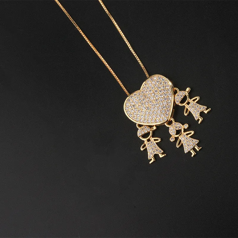 Gold colour heart-shaped cubic zirconia family pendant necklace on copper chain with style options for boys and girls