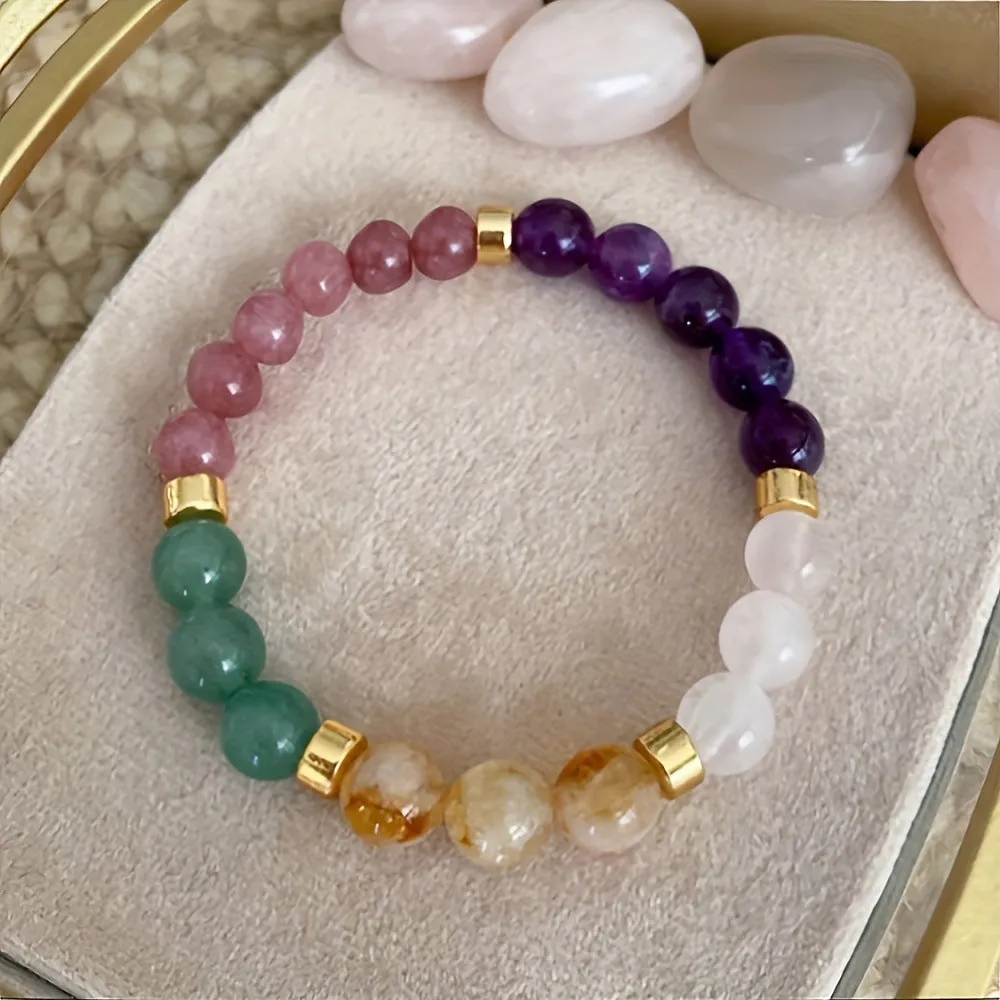 Natural stone bracelet with citrine, dongling stone, and malachite in a crystal setting, unisex design