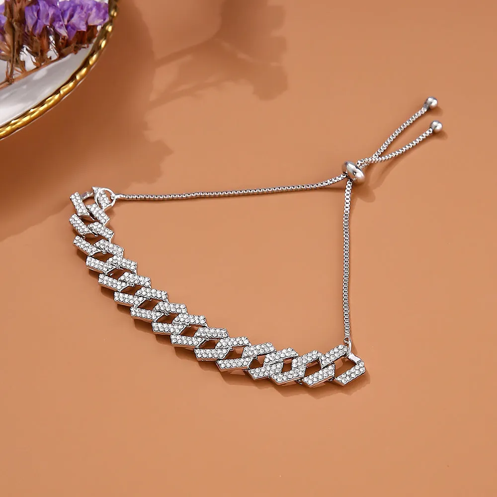 Hip hop unisex thick Figaro chain bracelet in gold with crystal inlay, drawstring closure