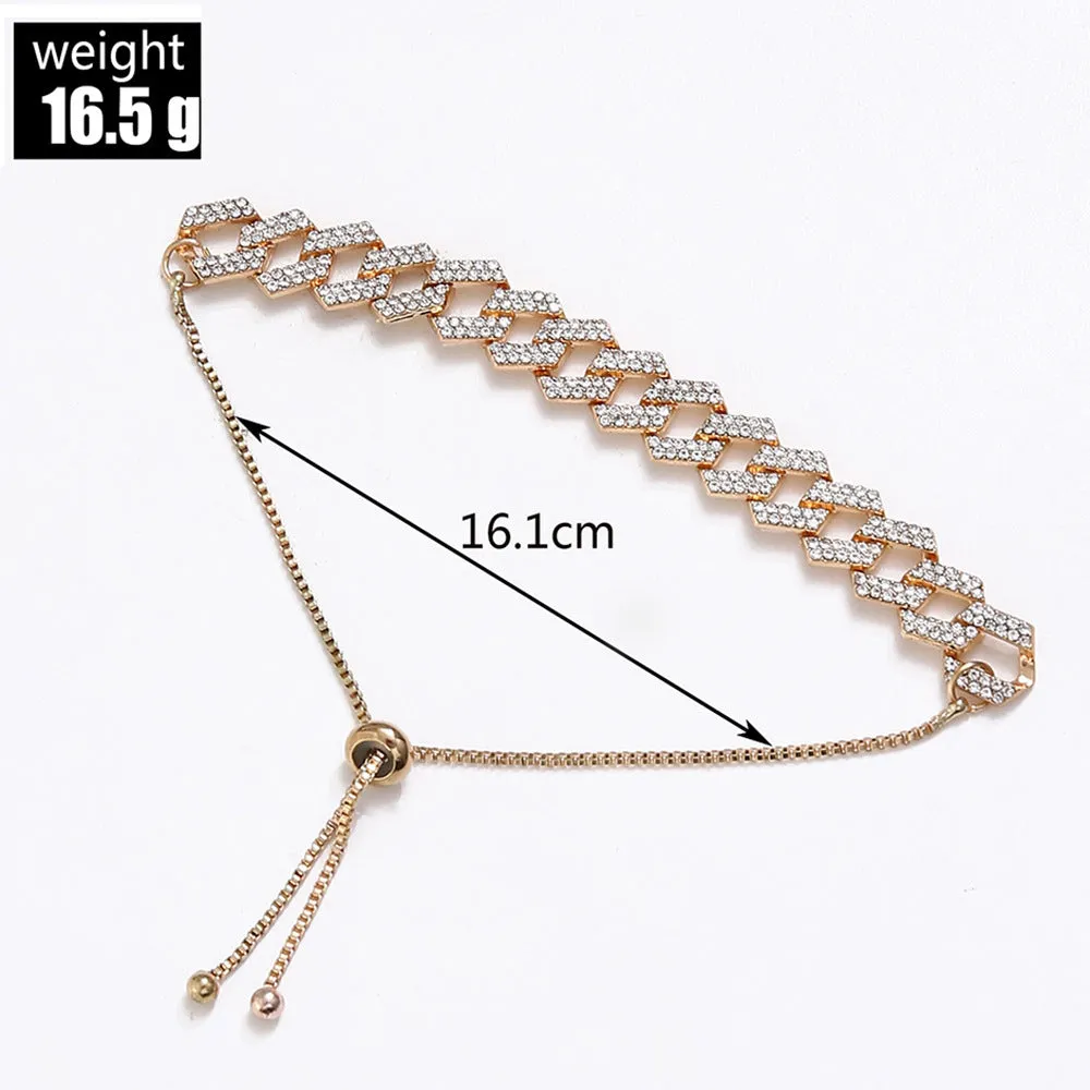 Hip hop unisex thick Figaro chain bracelet in gold with crystal inlay, drawstring closure