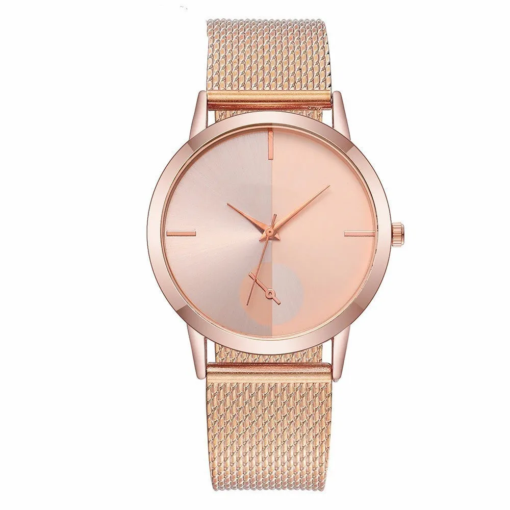 Simple ladies quartz watch with stainless steel strap, 40mm black dial, and mineral glass mirror on neutral background
