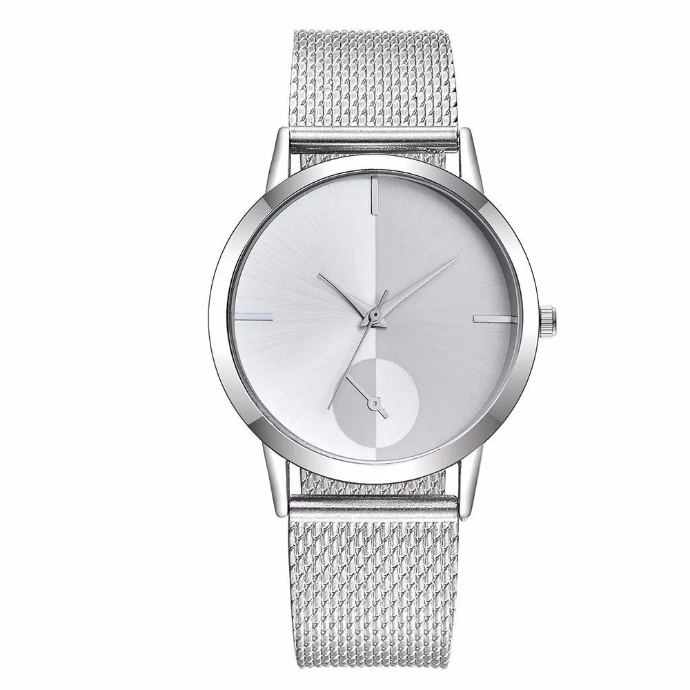 Simple ladies quartz watch with stainless steel strap, 40mm black dial, and mineral glass mirror on neutral background