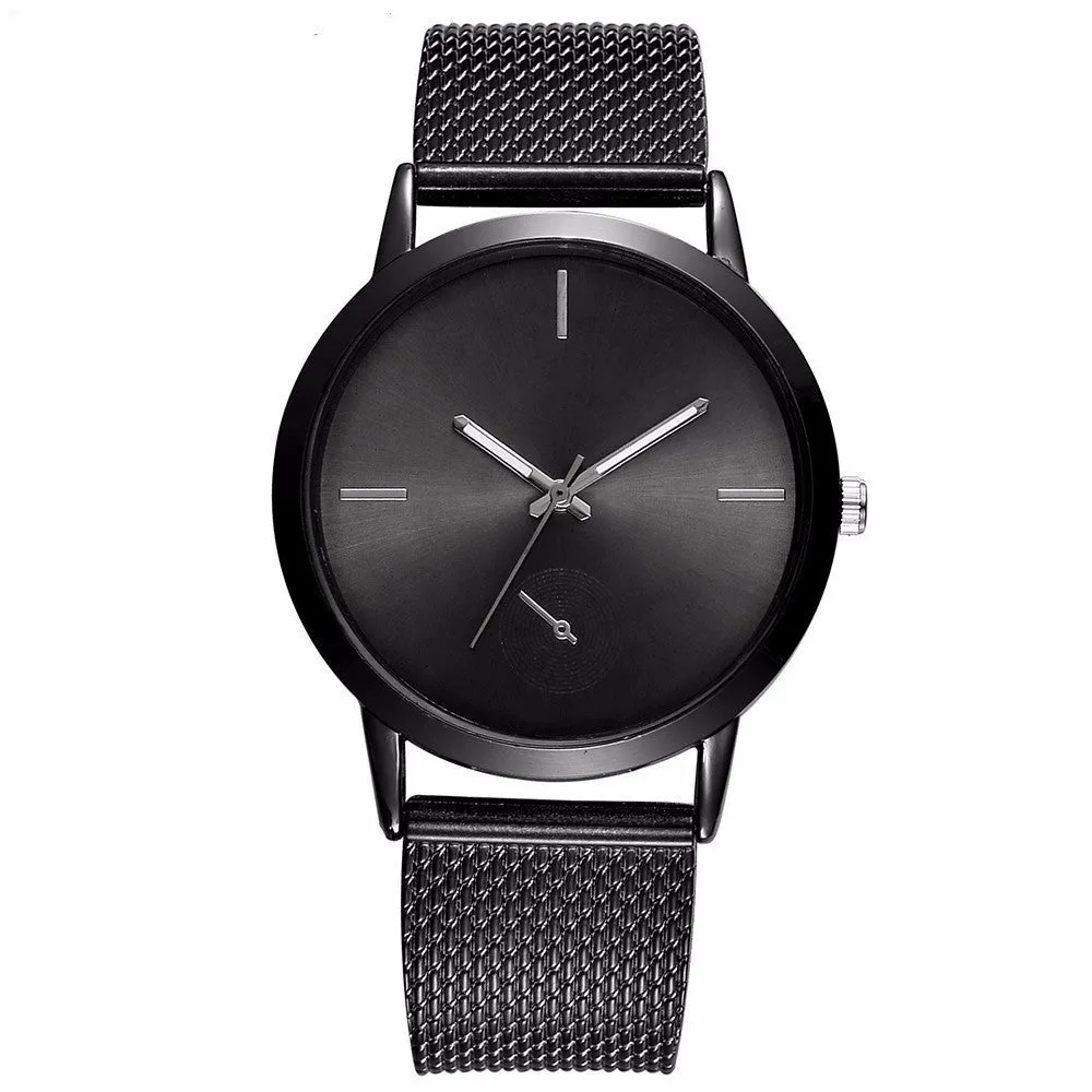 Simple ladies quartz watch with stainless steel strap, 40mm black dial, and mineral glass mirror on neutral background