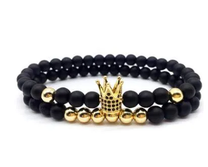 Micro-inlaid crown 6mm matte black copper bead bracelet with copper inlaid zircon on white background