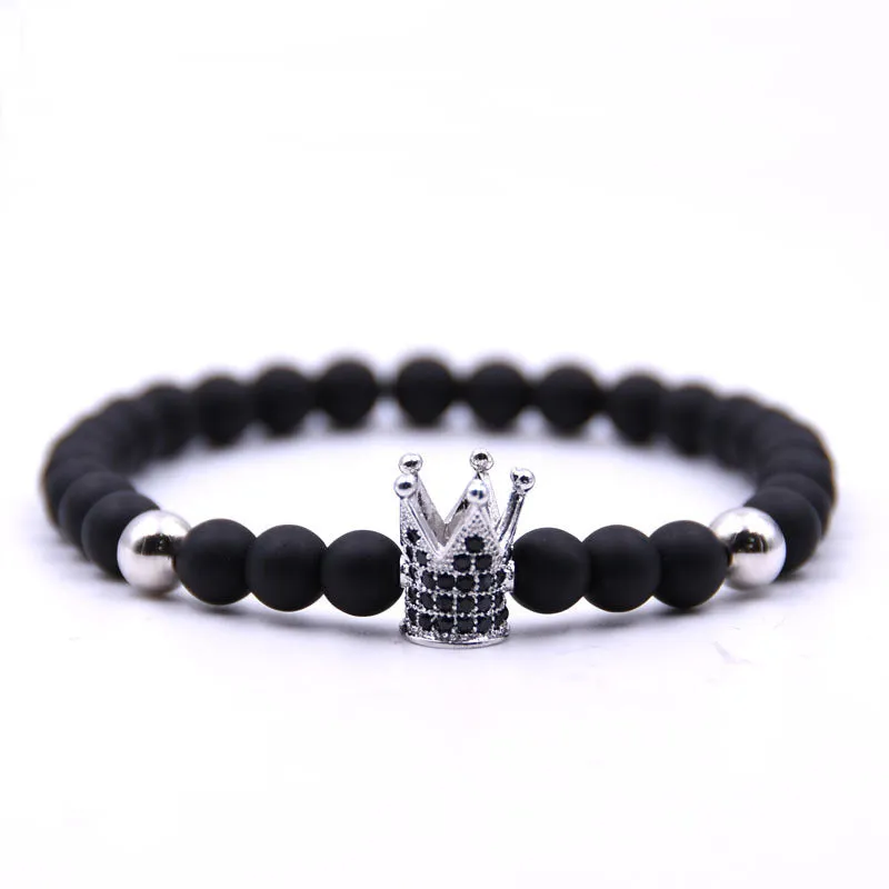 Micro-inlaid crown 6mm matte black copper bead bracelet with copper inlaid zircon on white background