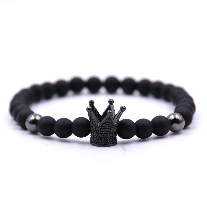 Micro-inlaid crown 6mm matte black copper bead bracelet with copper inlaid zircon on white background