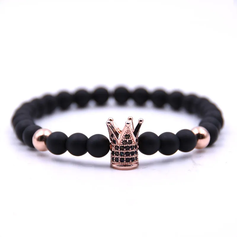 Micro-inlaid crown 6mm matte black copper bead bracelet with copper inlaid zircon on white background