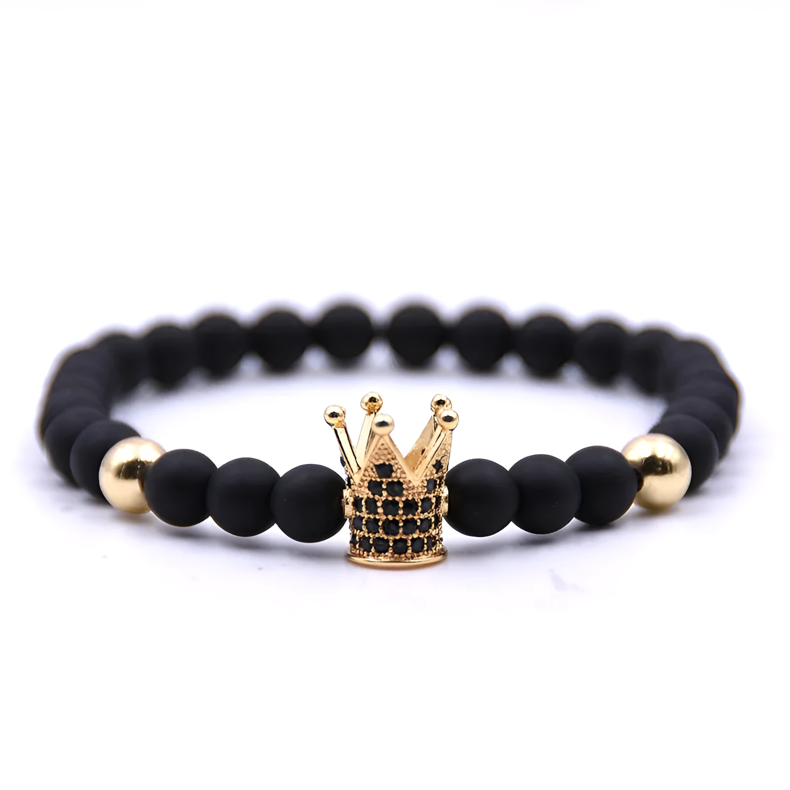 Micro-inlaid crown 6mm matte black copper bead bracelet with copper inlaid zircon on white background
