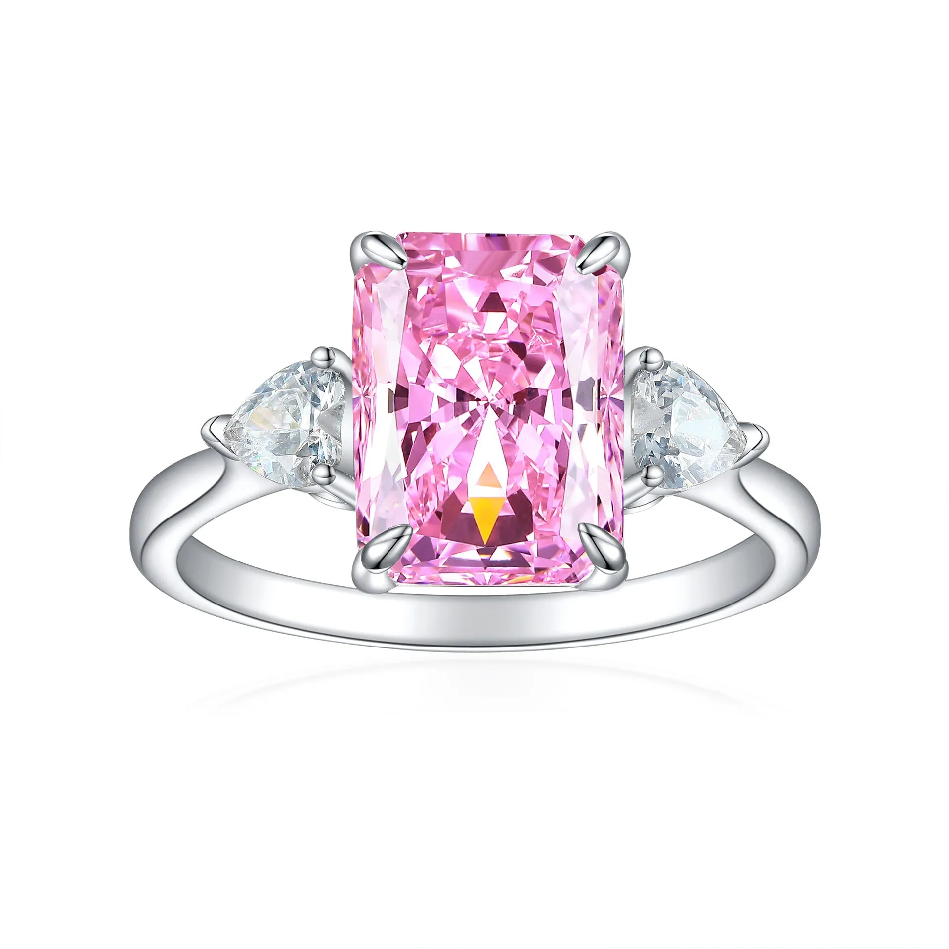 S925 silver rectangular rhinestone ring in eight colours, US sizes 5-10