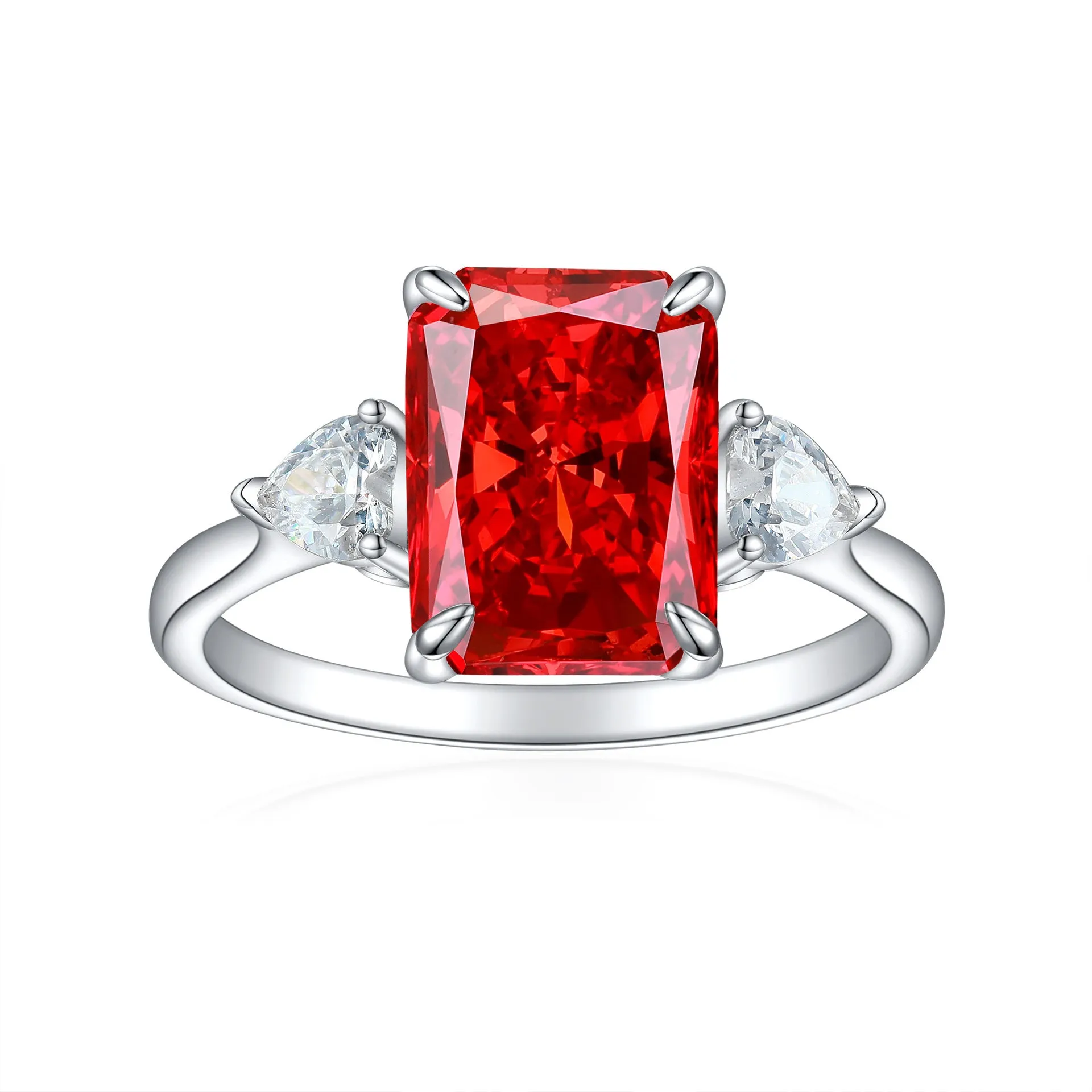 S925 silver rectangular rhinestone ring in eight colours, US sizes 5-10