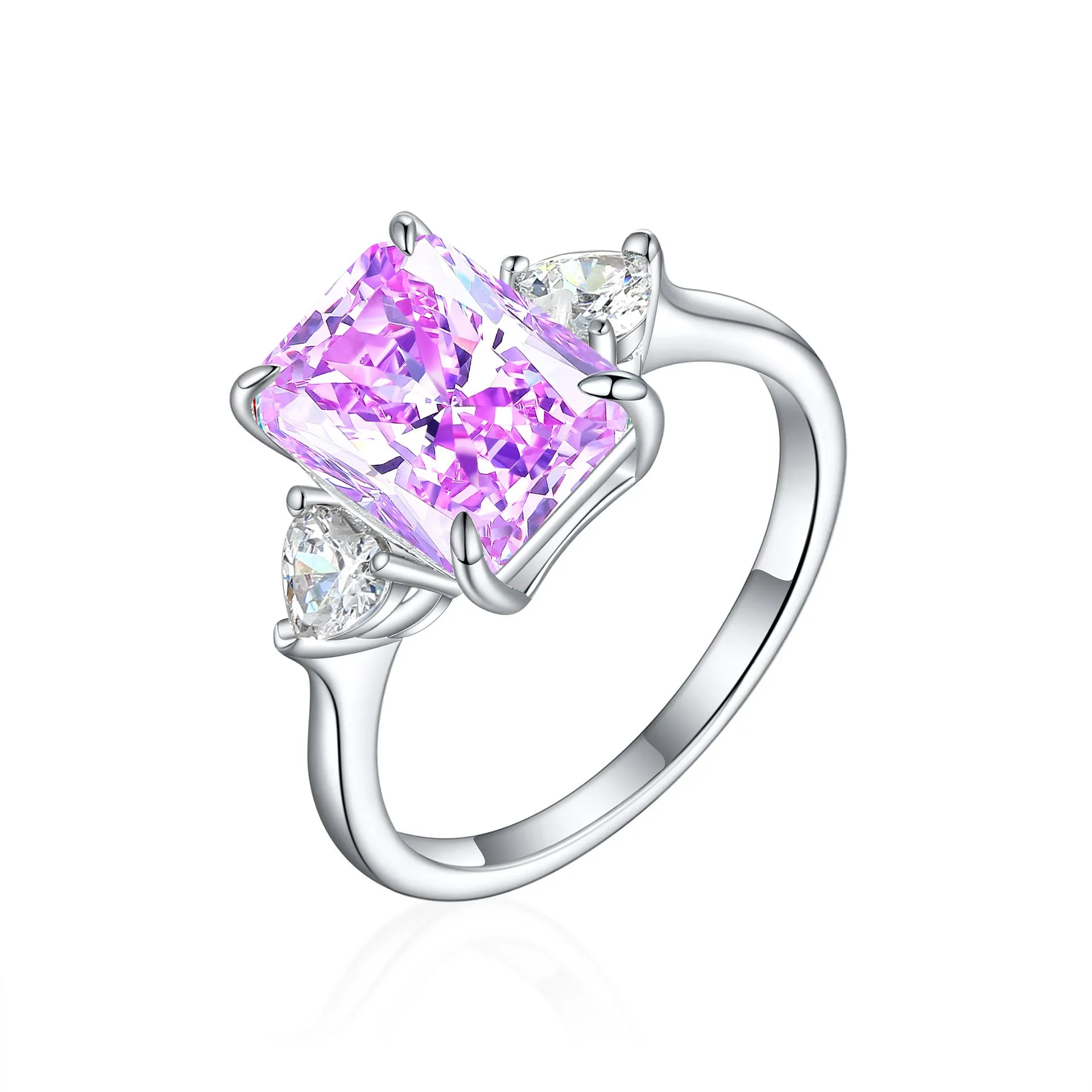 S925 silver rectangular rhinestone ring in eight colours, US sizes 5-10