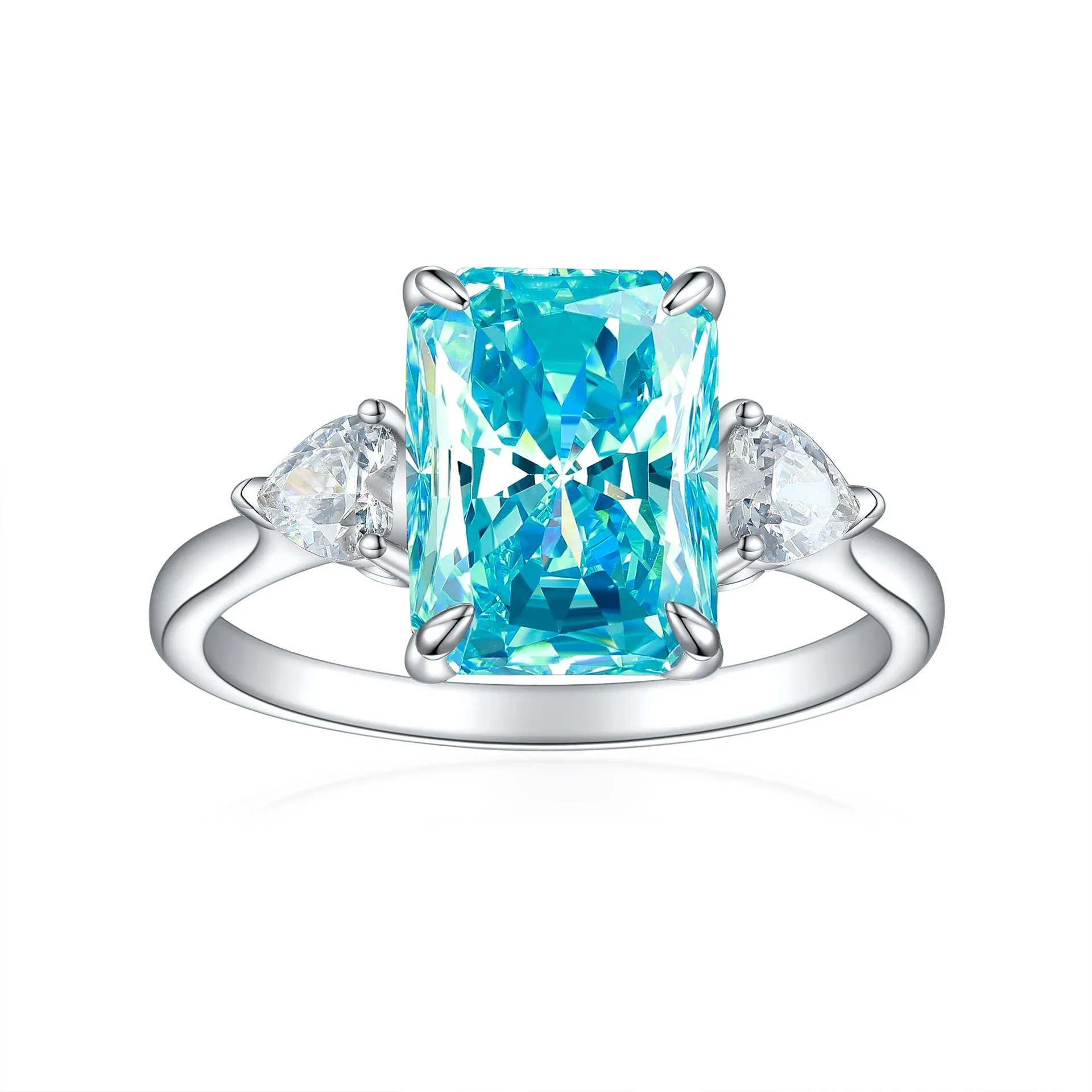 S925 silver rectangular rhinestone ring in eight colours, US sizes 5-10