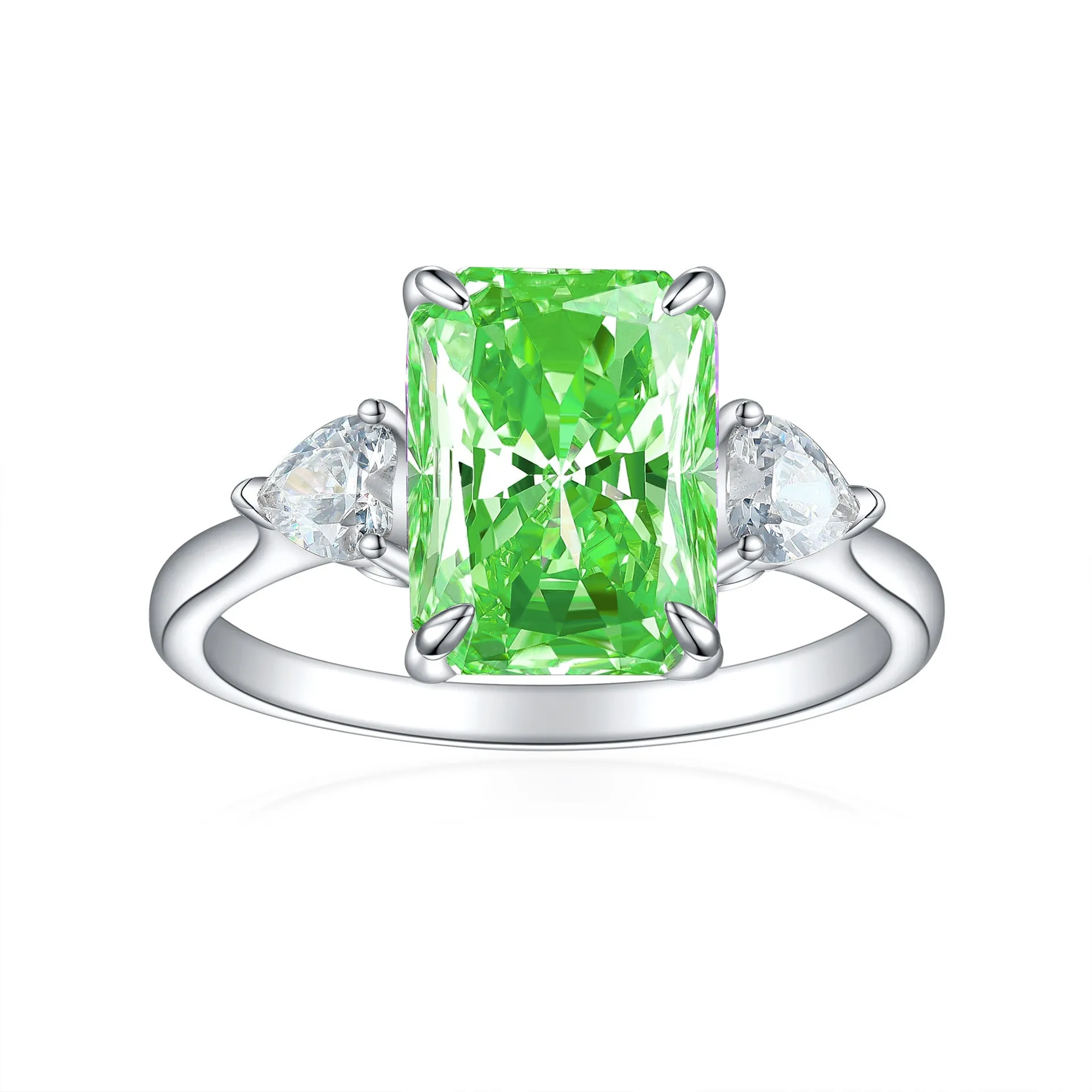 S925 silver rectangular rhinestone ring in eight colours, US sizes 5-10