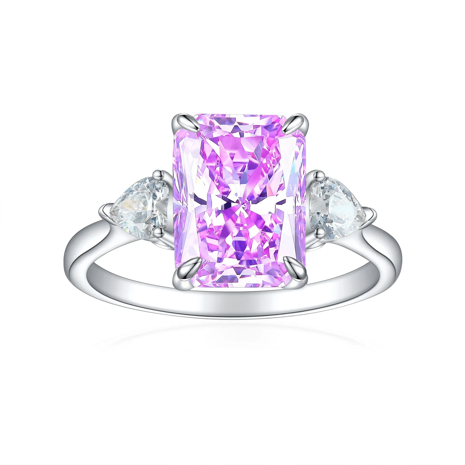 S925 silver rectangular rhinestone ring in eight colours, US sizes 5-10